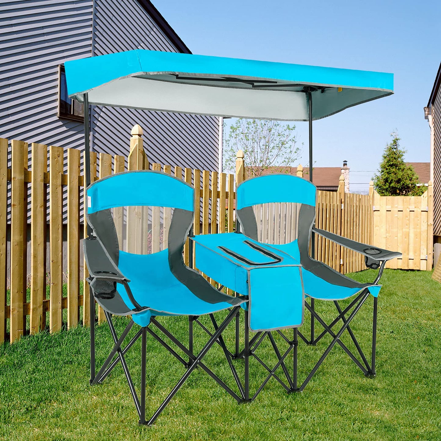 Double Folding Canopy Chair Outdoor 2-Person Camping Seat with Adjustable Sun Shade