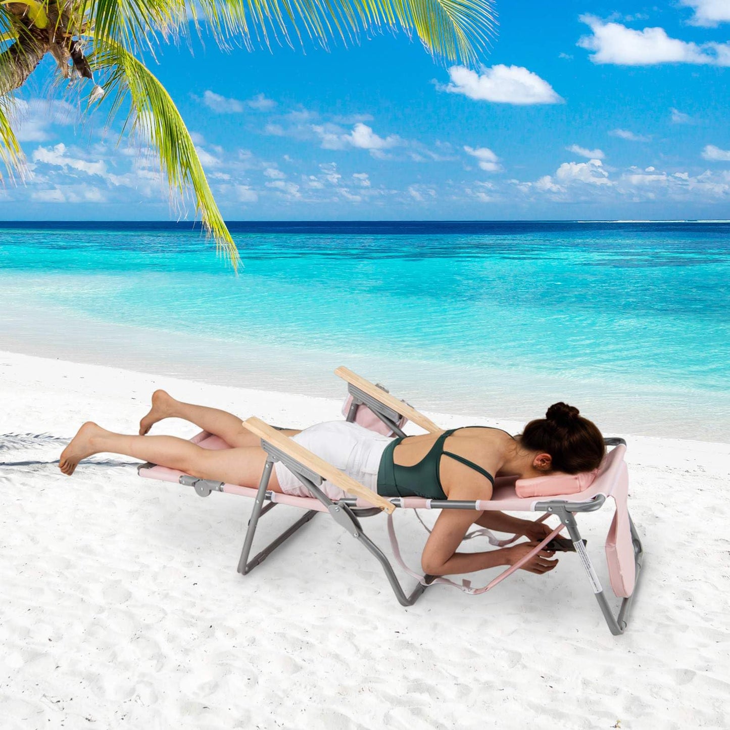 3-IN-1 Foldable Beach Chair with Face Hole and Footrest for Camping Poolside