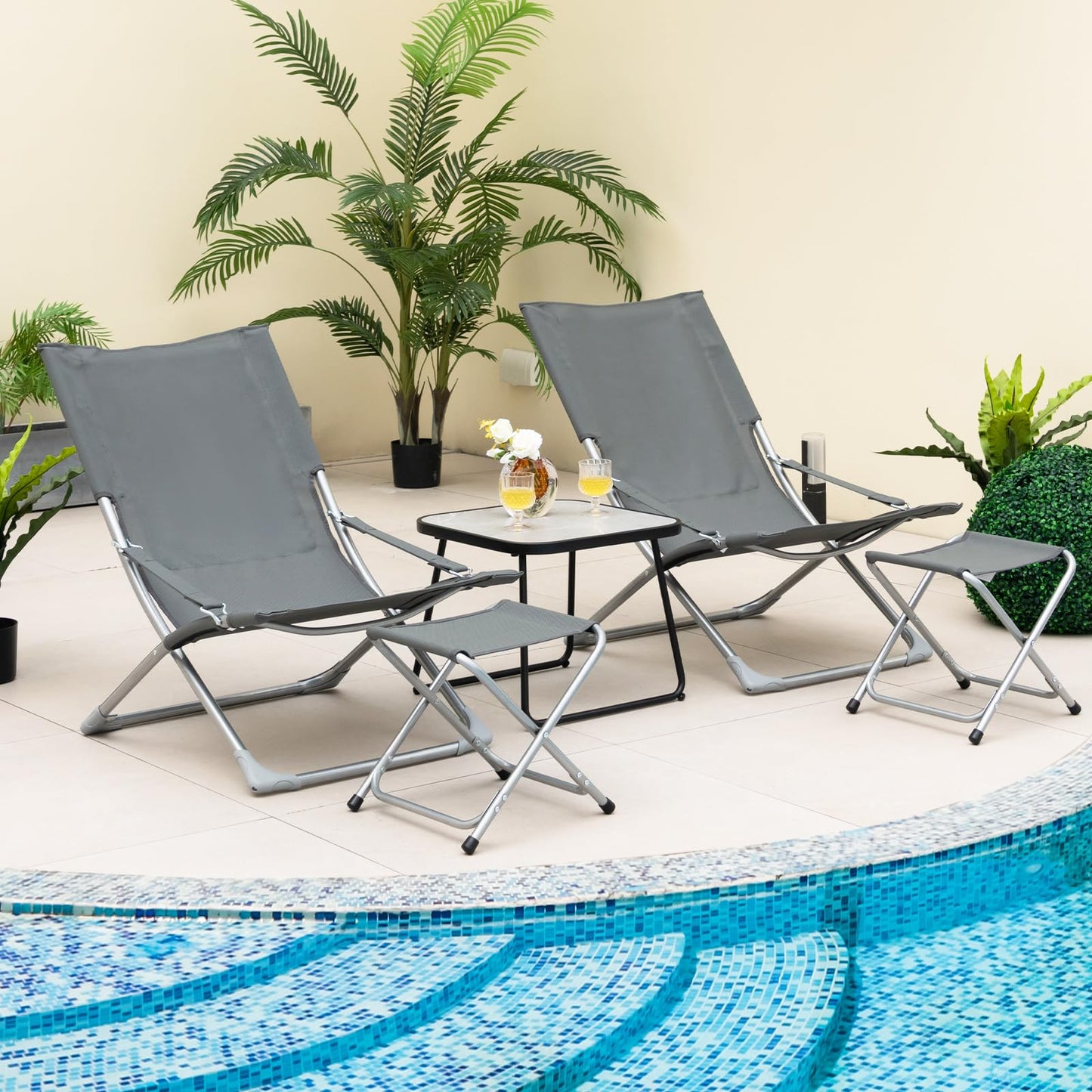 5 Piece Patio Sling Chair Set with Ottoman & Coffee Table