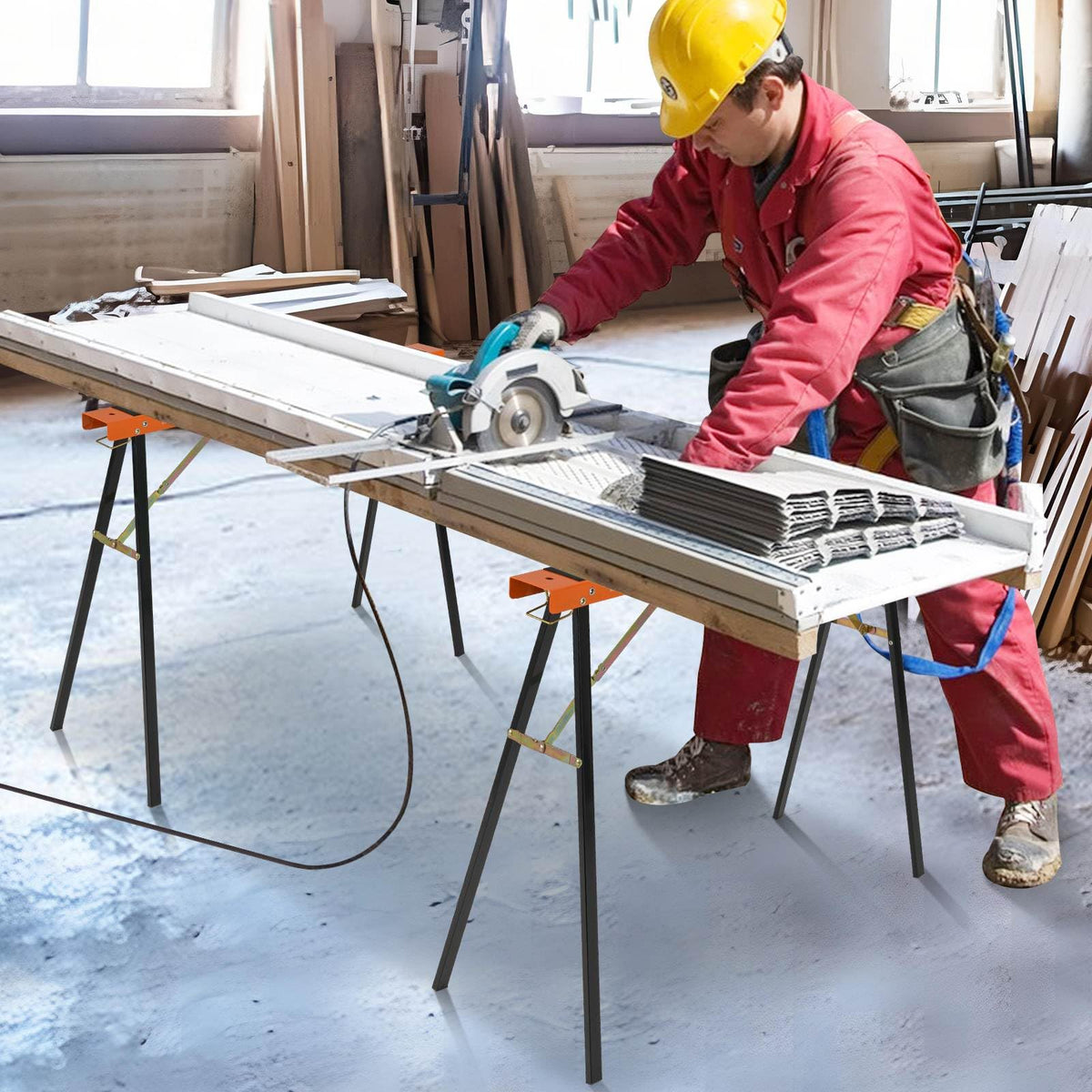 2-Pack Portable Sawhorses with Non-Slip Top & Hinge Brace for Woodworking
