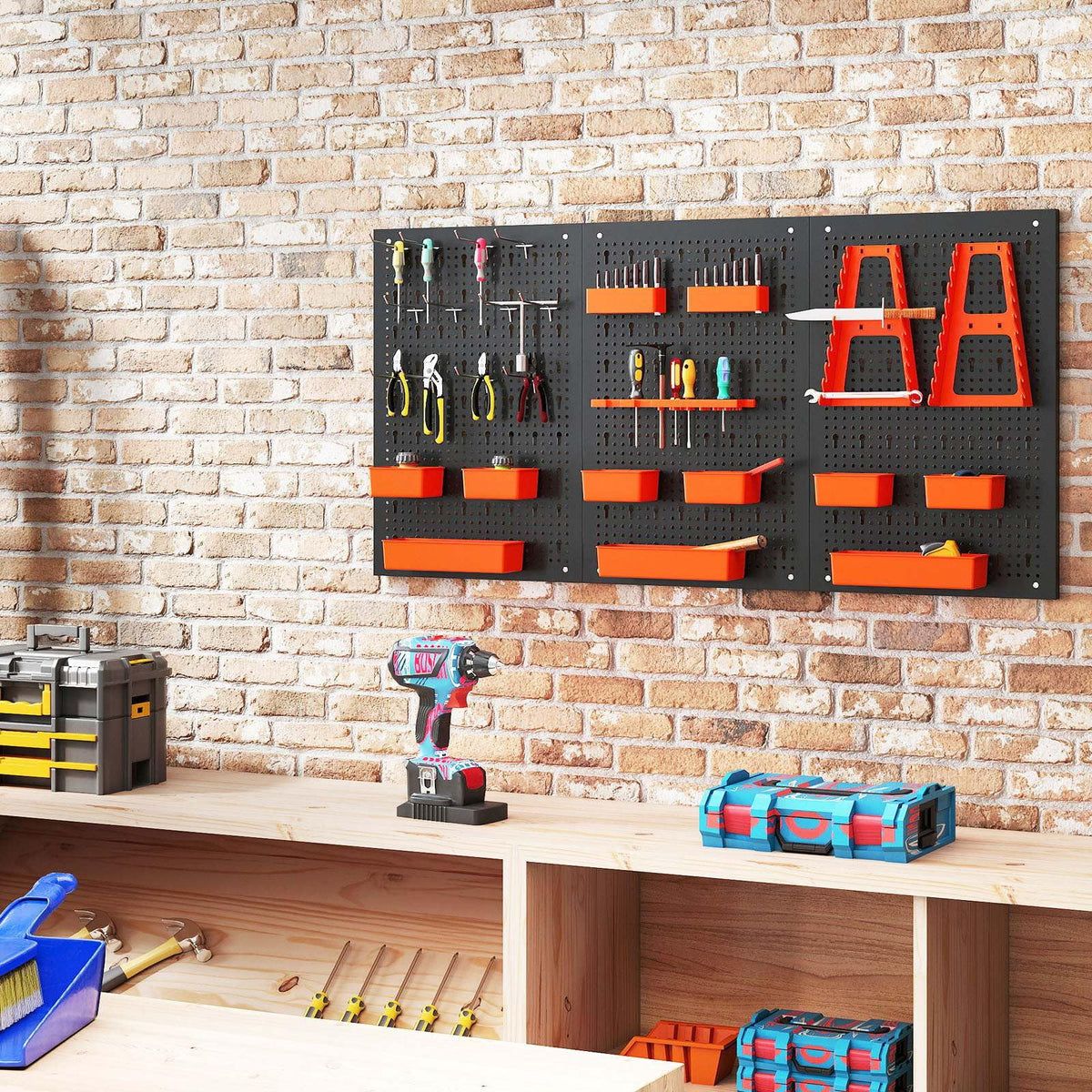 9-Bin Parts Rack Organizer with Hammer Racks and Tool Holders