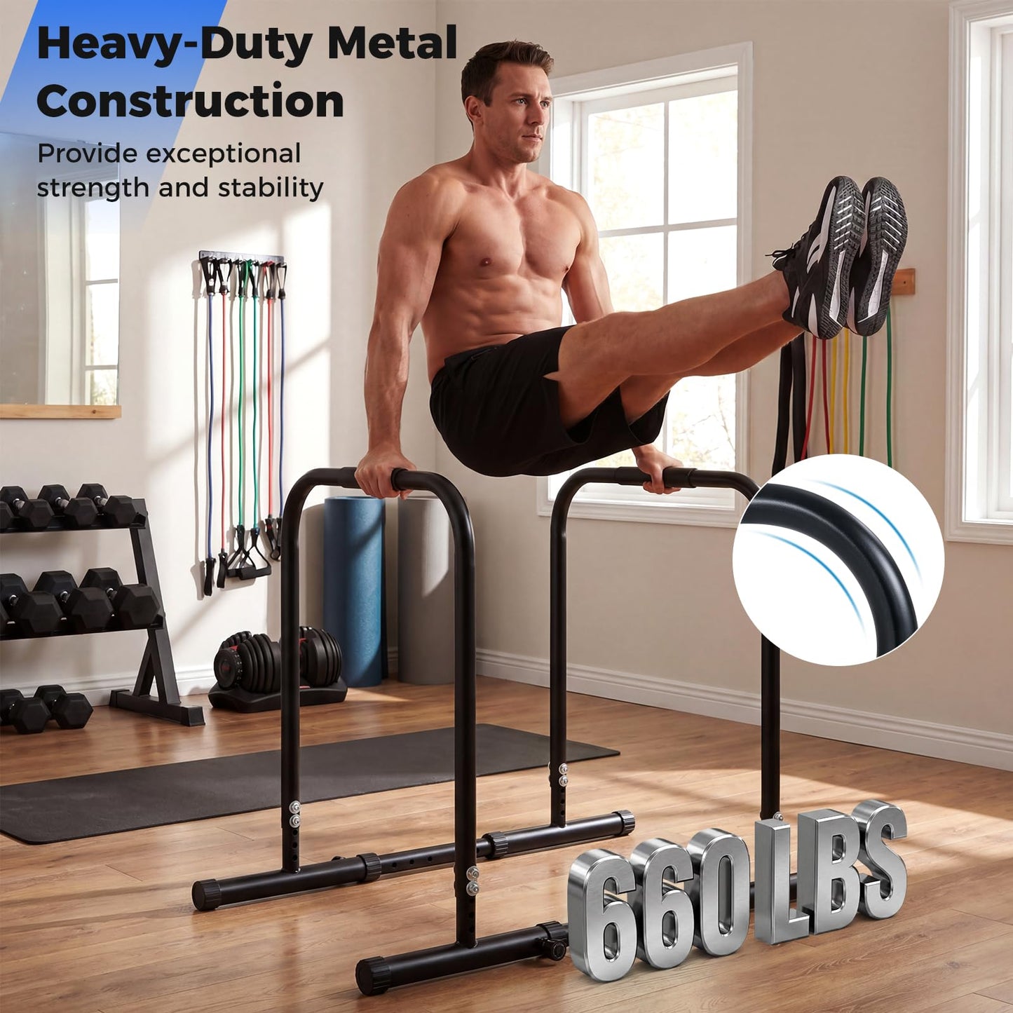Adjustable Dip Bar, Heavy Duty Parallette Push Up Stand with 660 LBS Capacity