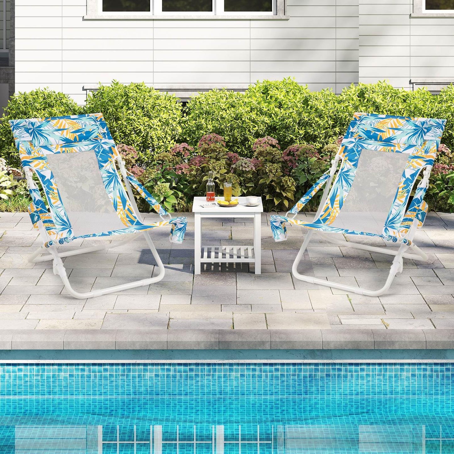 Folding Low Beach Chair Set of 2 with Padded Head Pillow