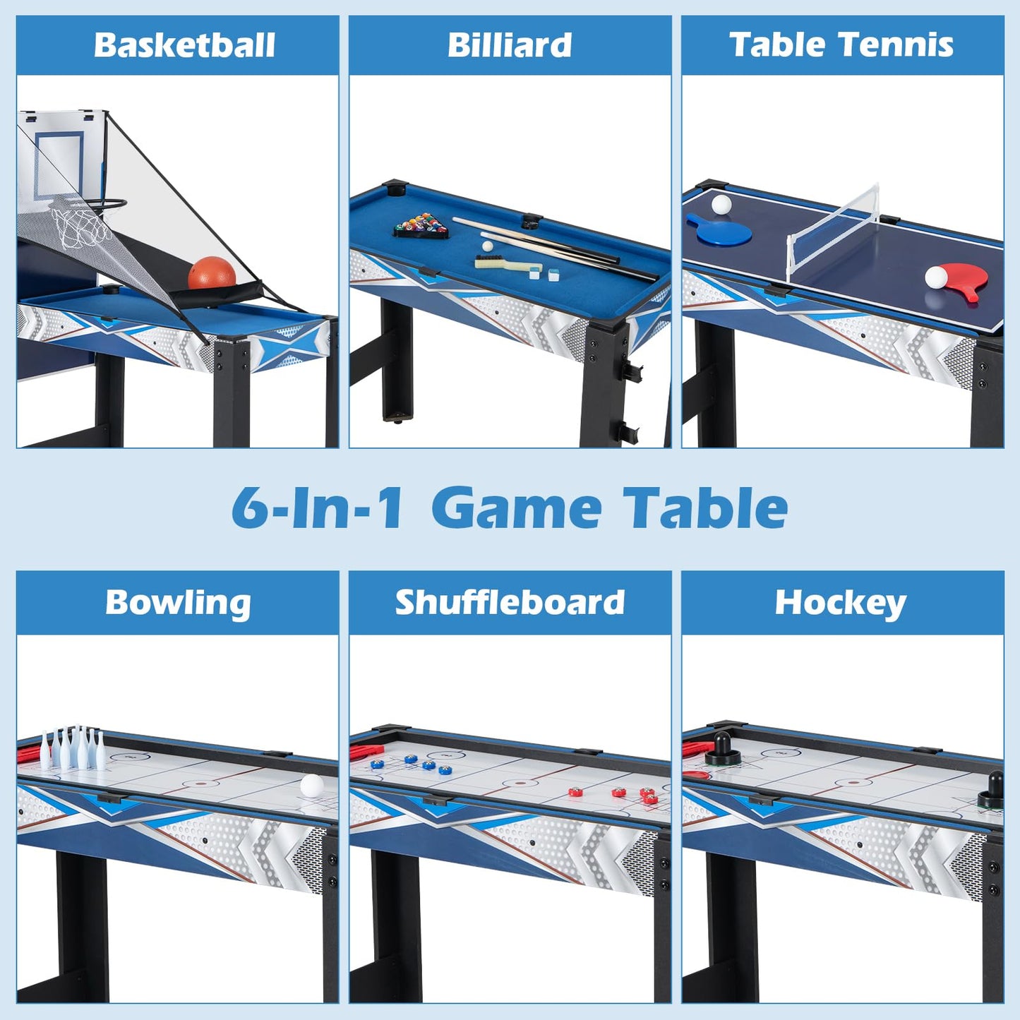 6 in 1 Combo Game Table with Basketball Billiards Ping Pong Hockey Shuffleboard Bowling for Kids and Adults