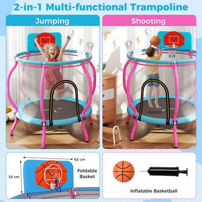 120cm Kids Trampoline with Basketball Hoop and Tall Enclosure Net