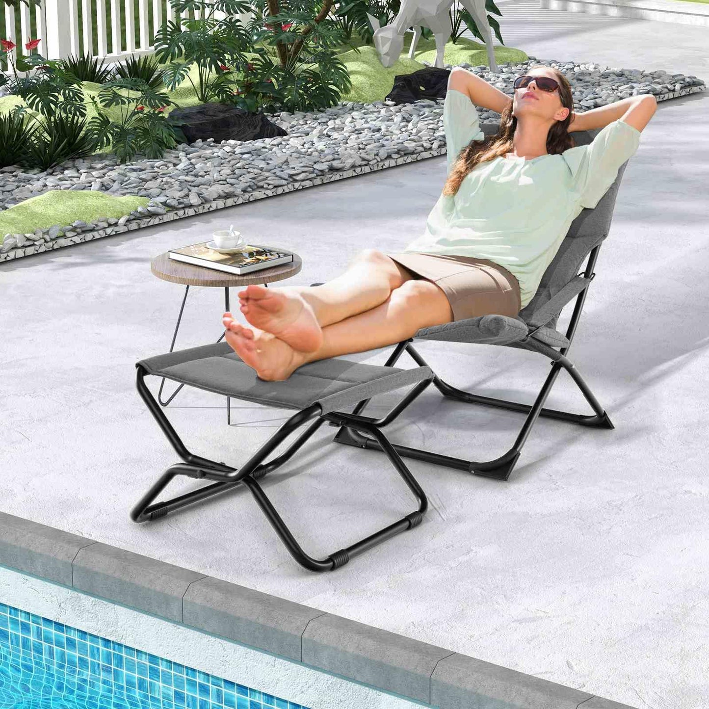 Outdoor Portable Lounge Chair with Footrest & Removable Cushion