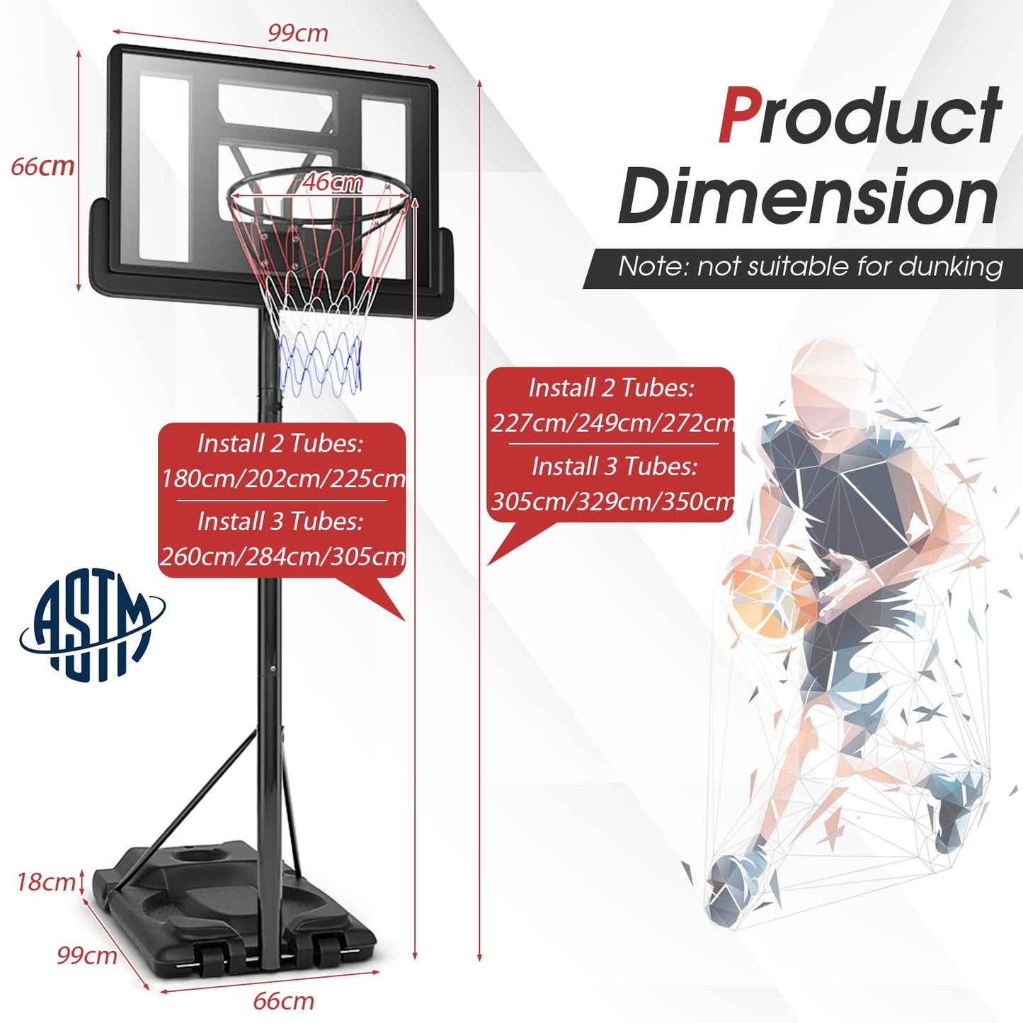 Portable Basketball Hoop System 180-305cm Adjustable Basketball Goal System w/ 2 Wheels
