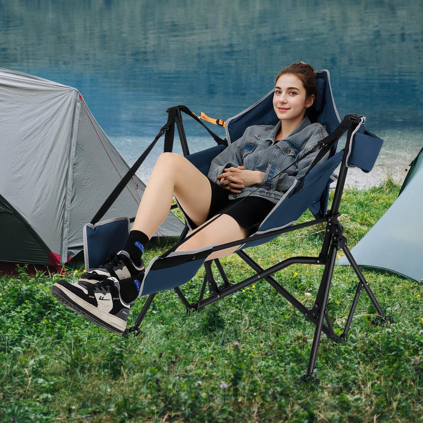 Oversized Hammock Camping Chair with Footrest for Adults with Cup Holder