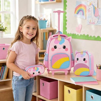 3 Pieces Unicorn Rolling Backpack for Kids