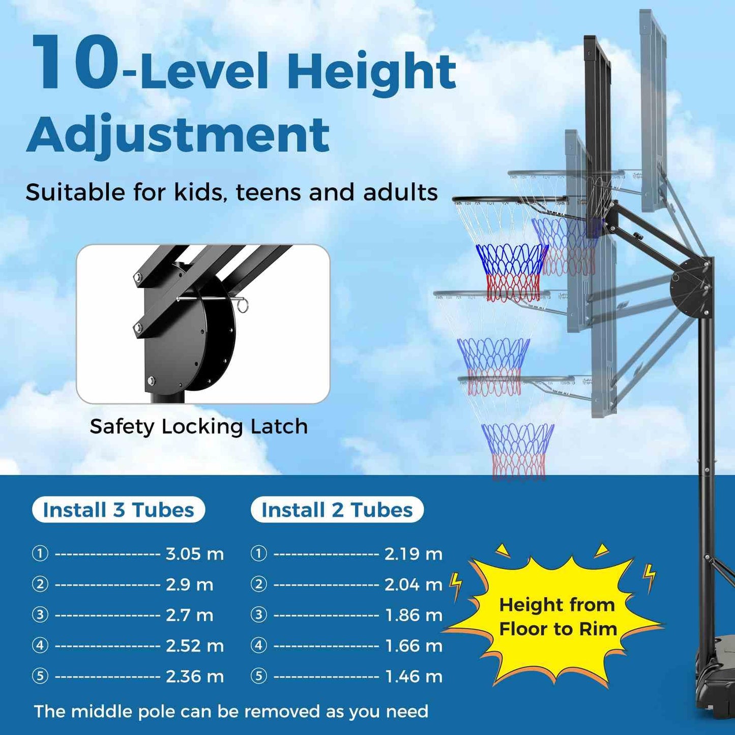 Adjustable Basketball Hoop with Shatterproof Backboard and 2 Wheels