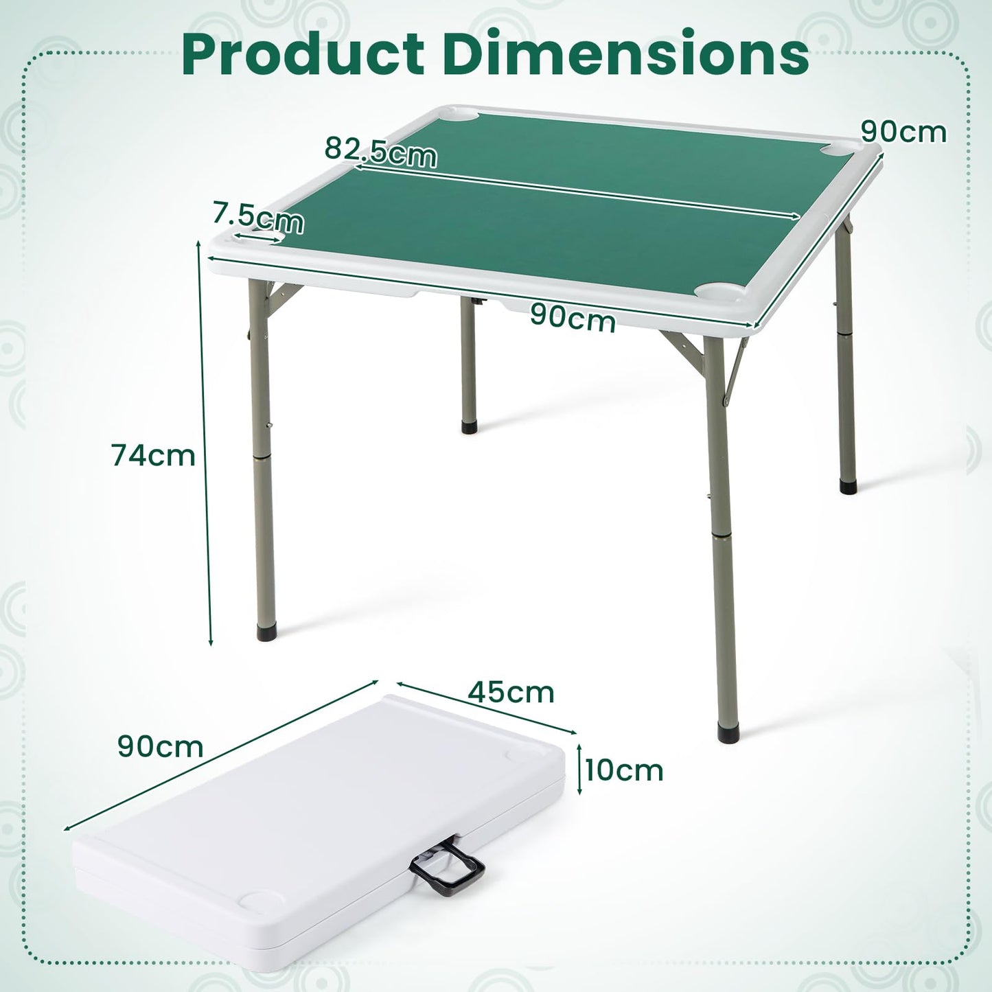 90cm Folding Mahjong Table Portable with Felt Mat and Cup Holders