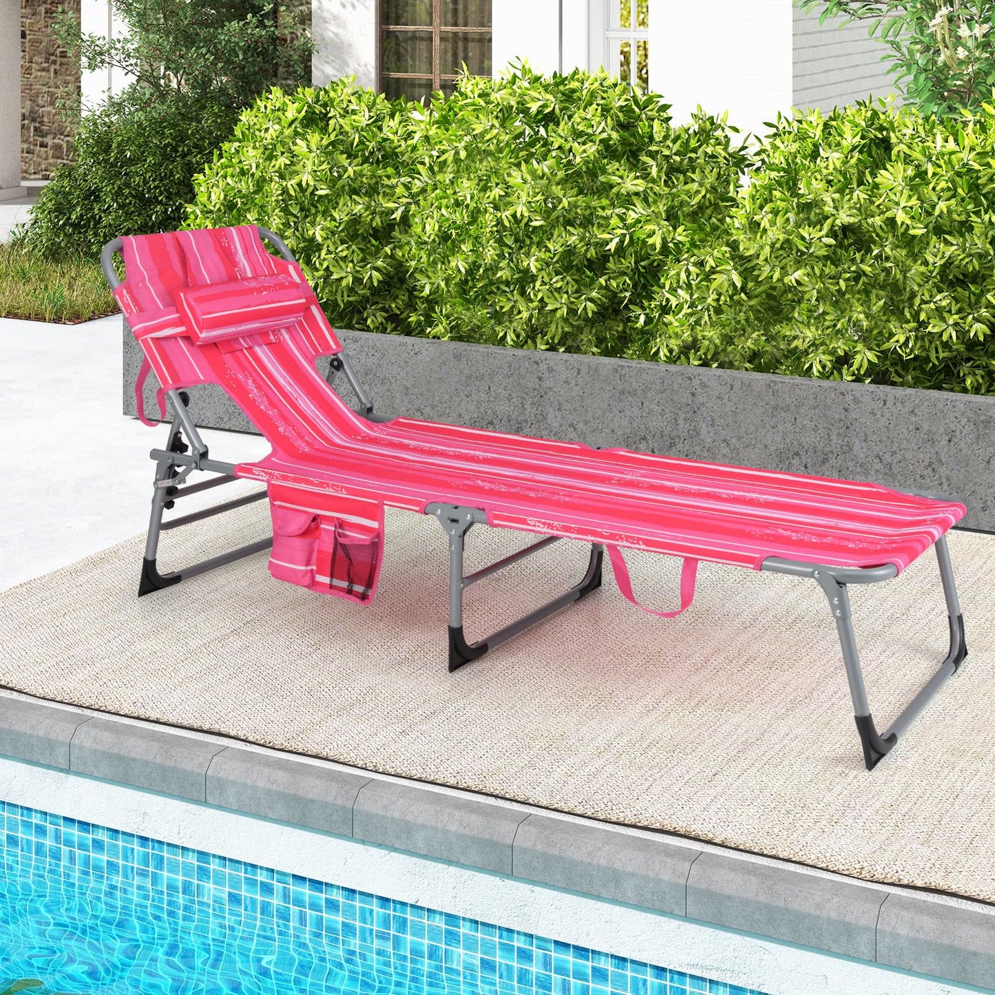 Folding Beach Lounge Chair with Pillow for Outdoor