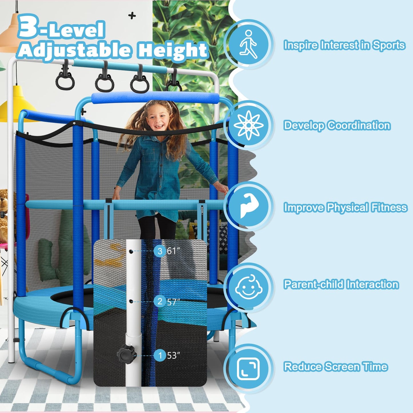 60" Trampoline for Kids with Ring and Horizontal Bar for 3-7 Ages