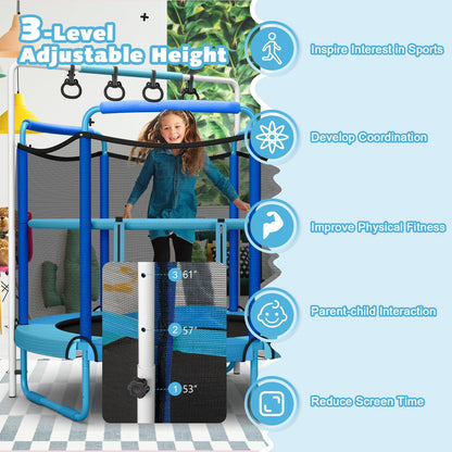 60" Trampoline for Kids with Ring and Horizontal Bar for 3-7 Ages