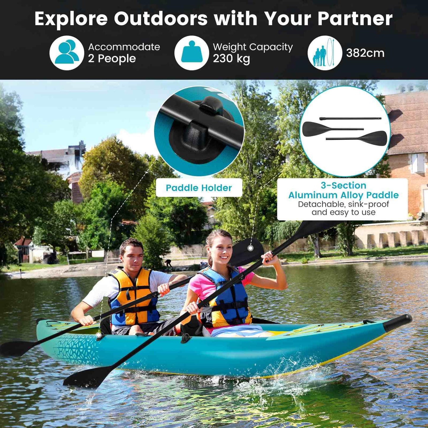 2-Person Kayak with Aluminium Oars EVA Padded Seat