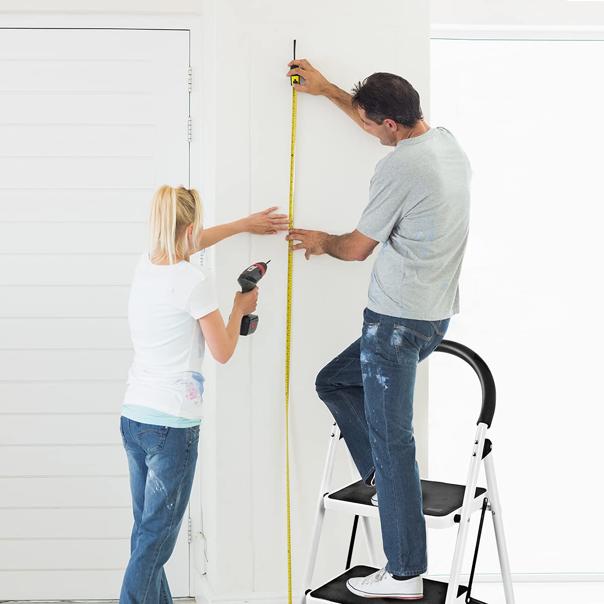 Folding 2/3 Steps Iron Stepladder with Platform and Handrail