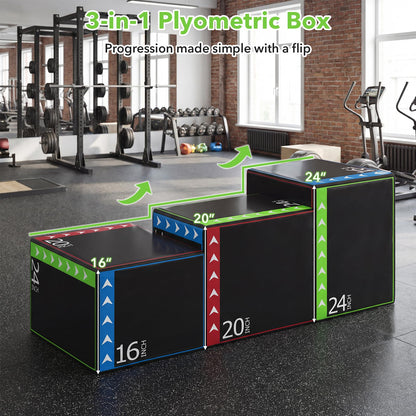 3-in-1 Plyometric Jump Box, 16"x20"x24" Soft Foam Plyo Box with 3 Heights