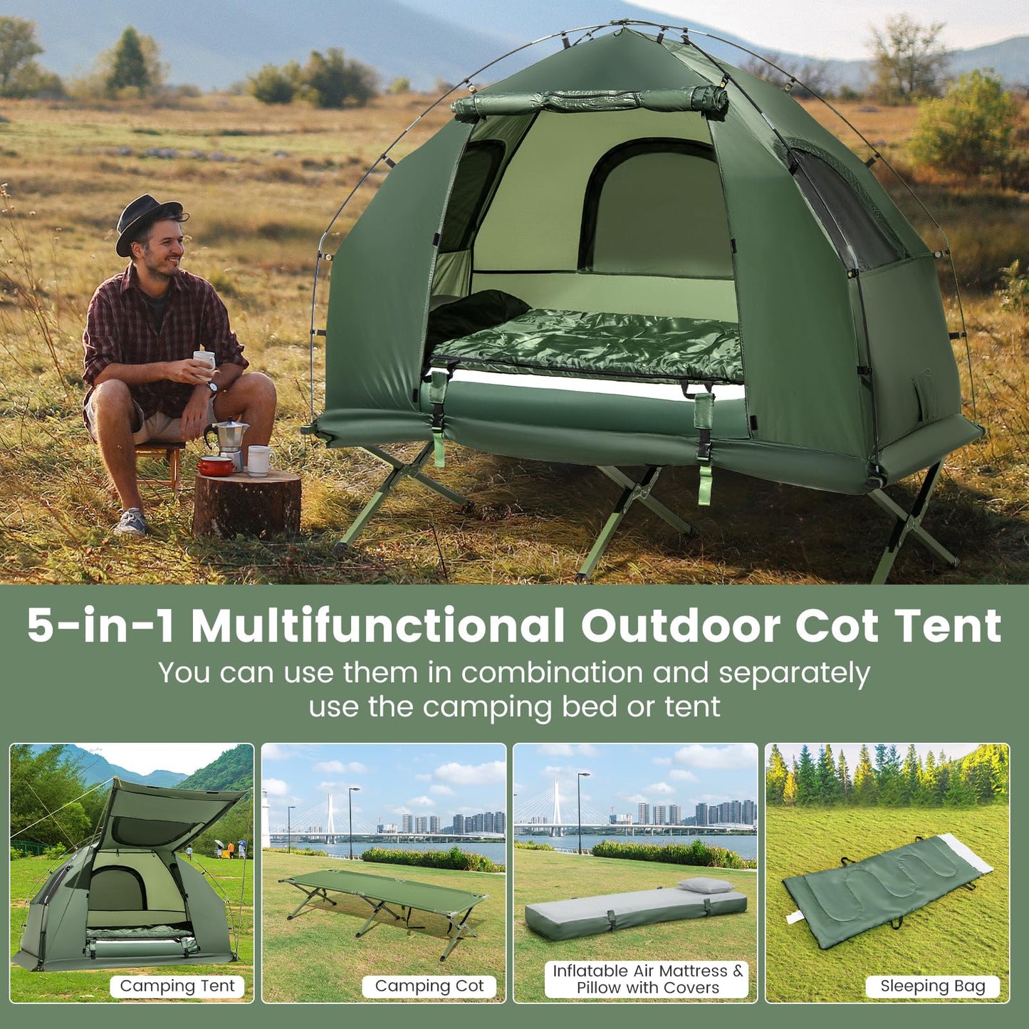 2-Person Outdoor Portable Foldable Camping Tent with Air Mattress & Sleeping Bag
