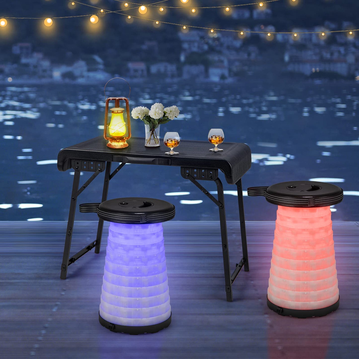 3-Piece Folding Table Stool Set with a Camping Table & 2 Retractable LED Stools