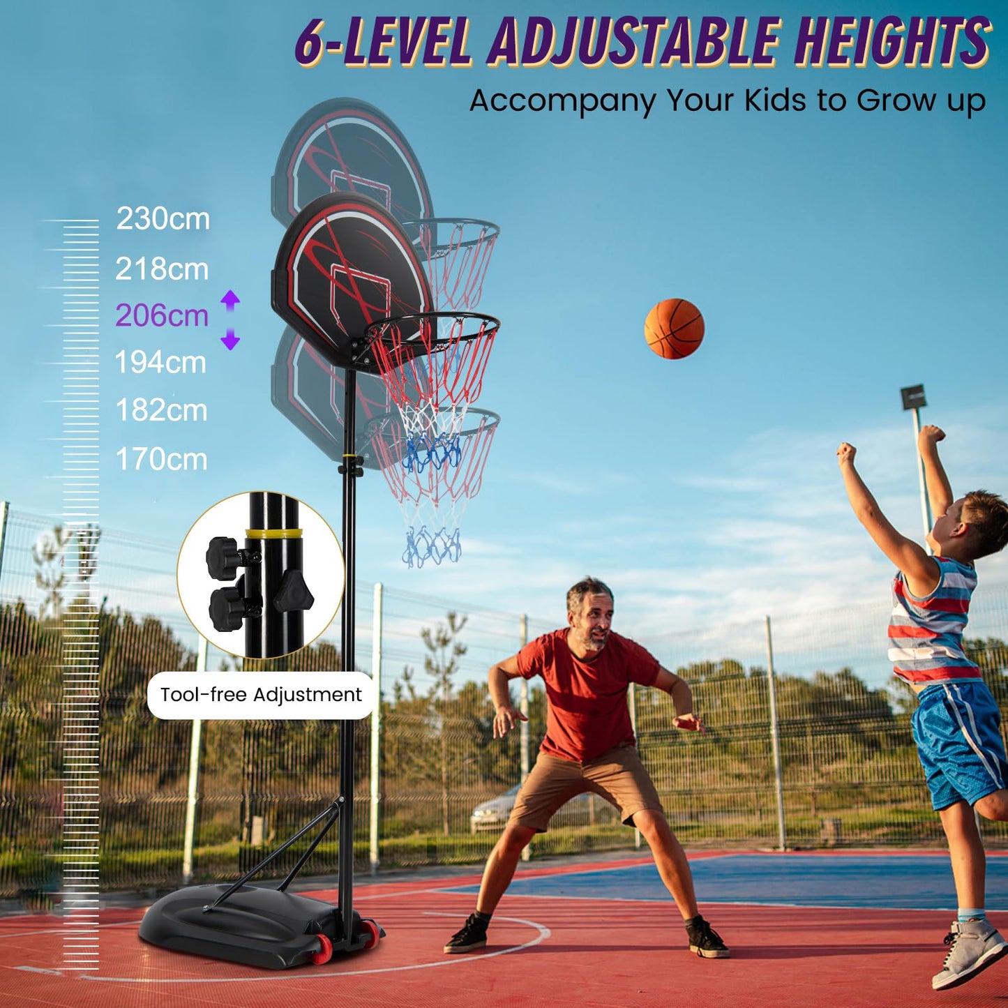170-230cm Height Adjustable Basketball Stand with 32" Backboard & 16" Rim