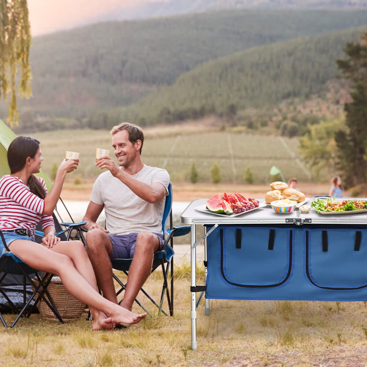 Folding Camping Table with Storage Portable Outdoor Aluminum Picnic Table w/Zippered Storage Organizer