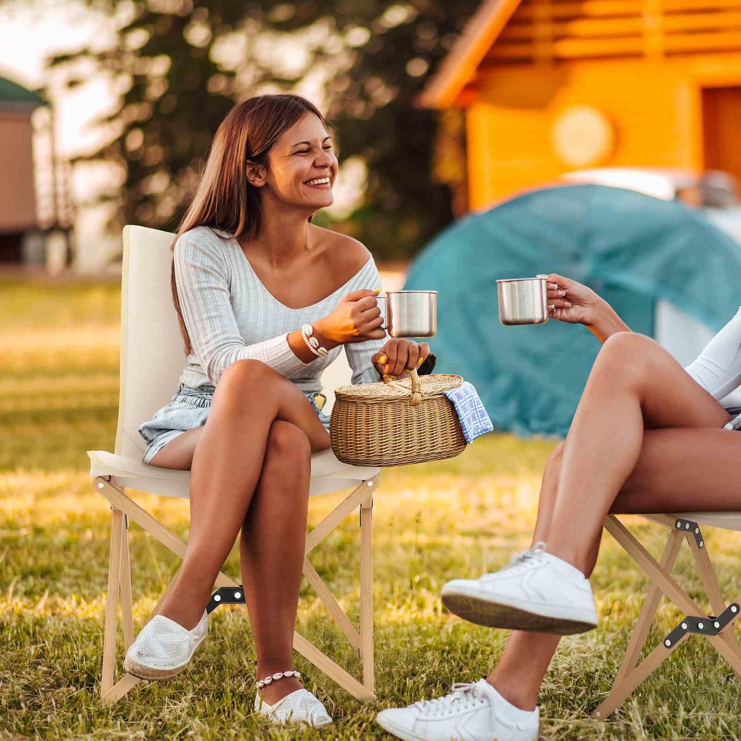 Butterfly Folding Chair Set of 2 Bamboo Dorm Chair with Storage Pocket