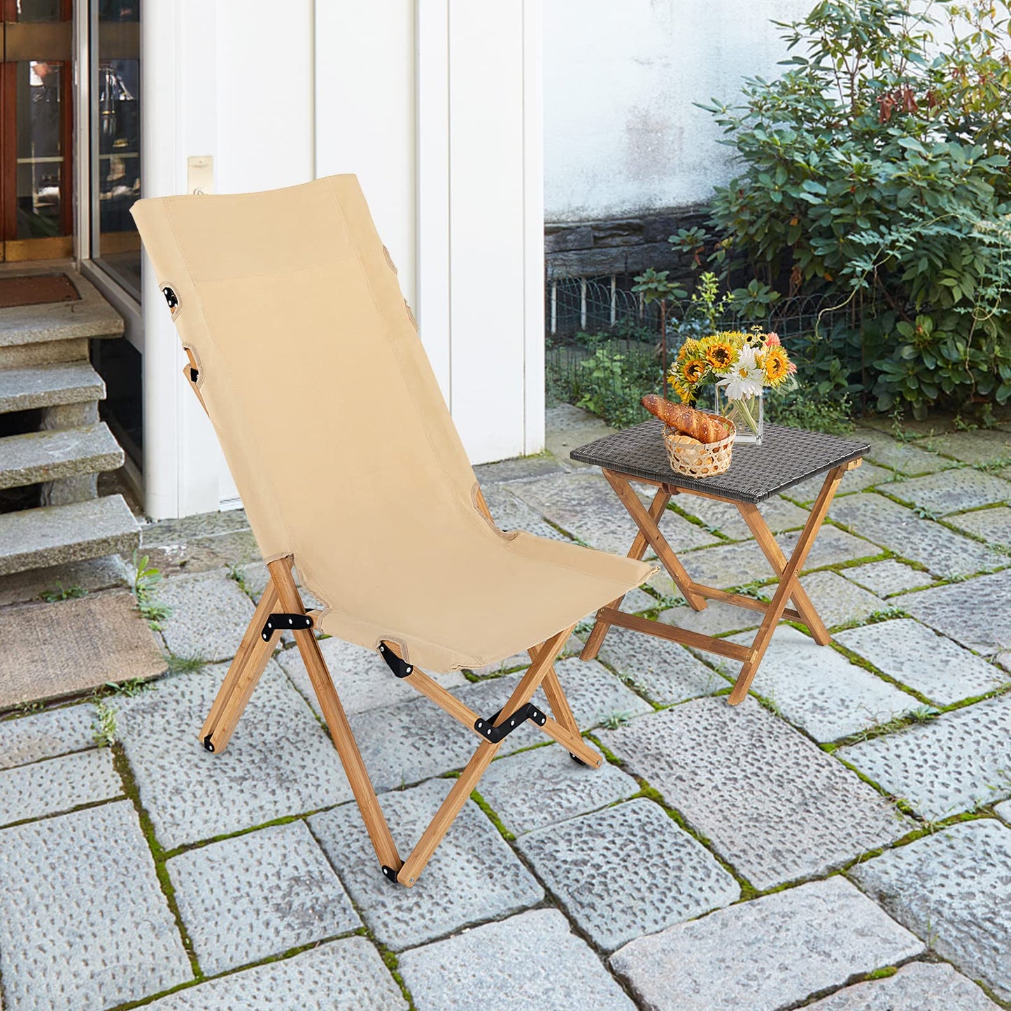 Outdoor Bamboo Chair with 2-Level Adjustable Backrest No Assembly Required