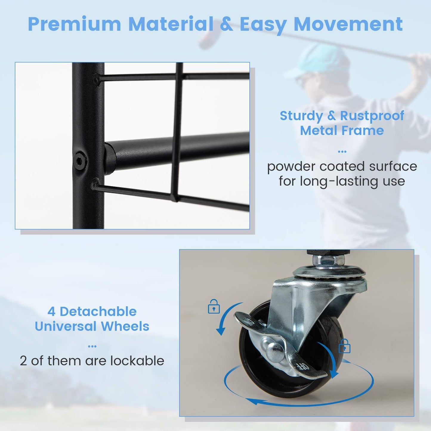 Golf Bag Organizer with Lockable Wheels for Garage