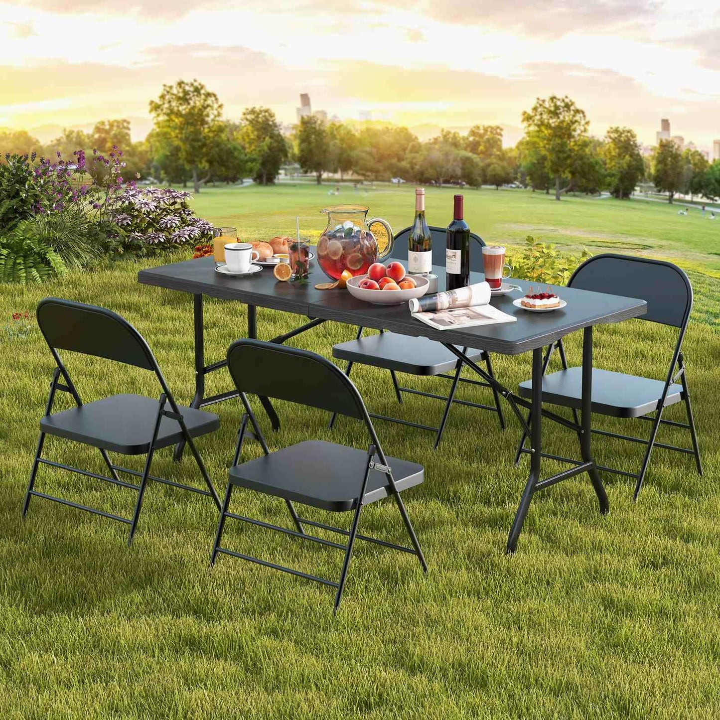 Outdoor Dining Table w/Wood Grain HDPE Tabletop 4-6 Person Camping Table