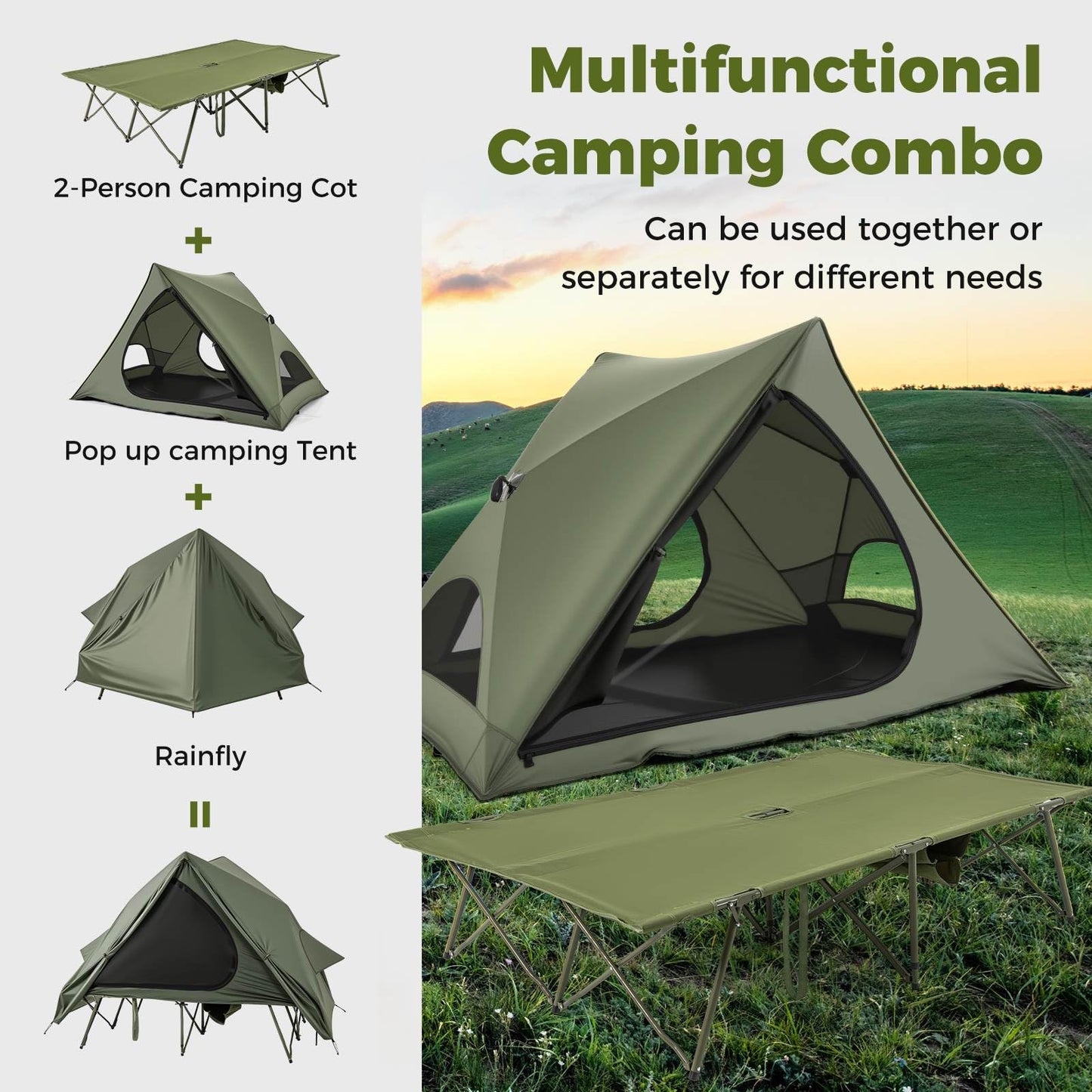 2-Person Foldable Outdoor Off-Ground Camping Combo for Adults w/Pop-up Tent Shelter