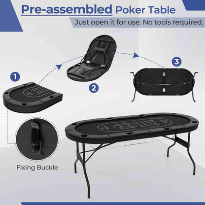 1.8m Foldable Poker Table for 8 Players Portable Oval Card Board Game Table
