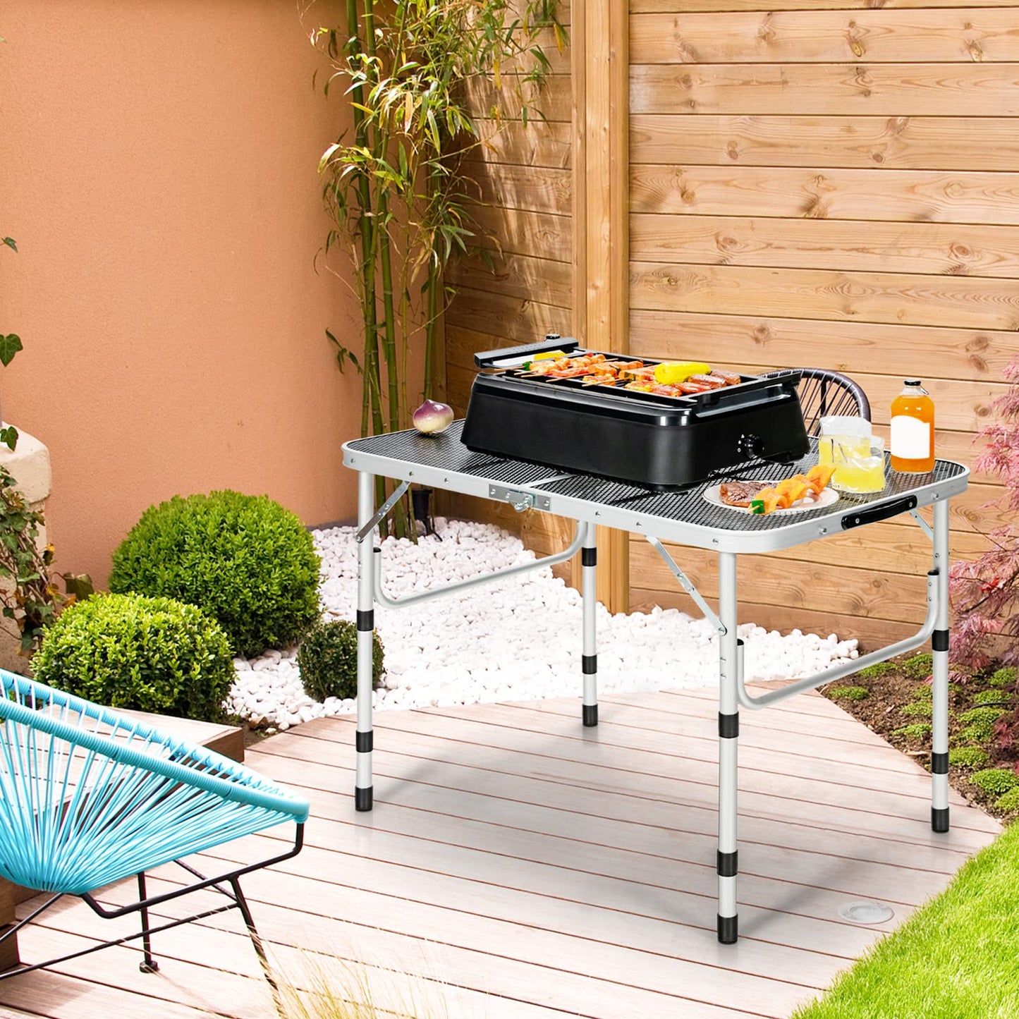 4-Position Adjustable Folding Camping Table With Rust Resistant Iron Mesh Top