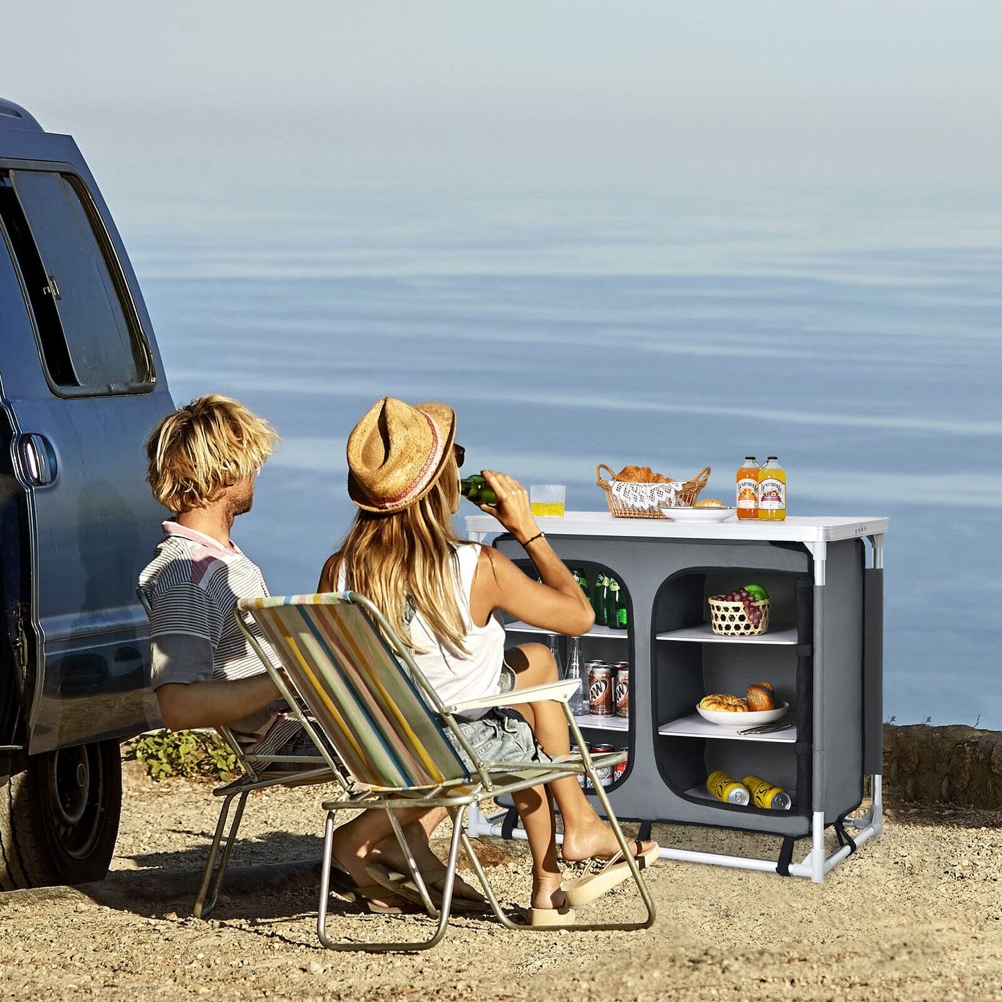 Aluminum Camping Table Portable Camping Kitchen Cupboard Table with Zippered Storage Shelves and Carrying Bag