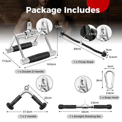 LAT Pulldown Attachments incl. V-Shaped Press Down Handle, Straight Bar, Tricep Rope & Double D Handle