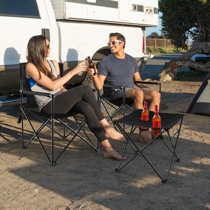 Portable Lawn Chairs & Side Table with 2 Cup Holders Storage Pockets