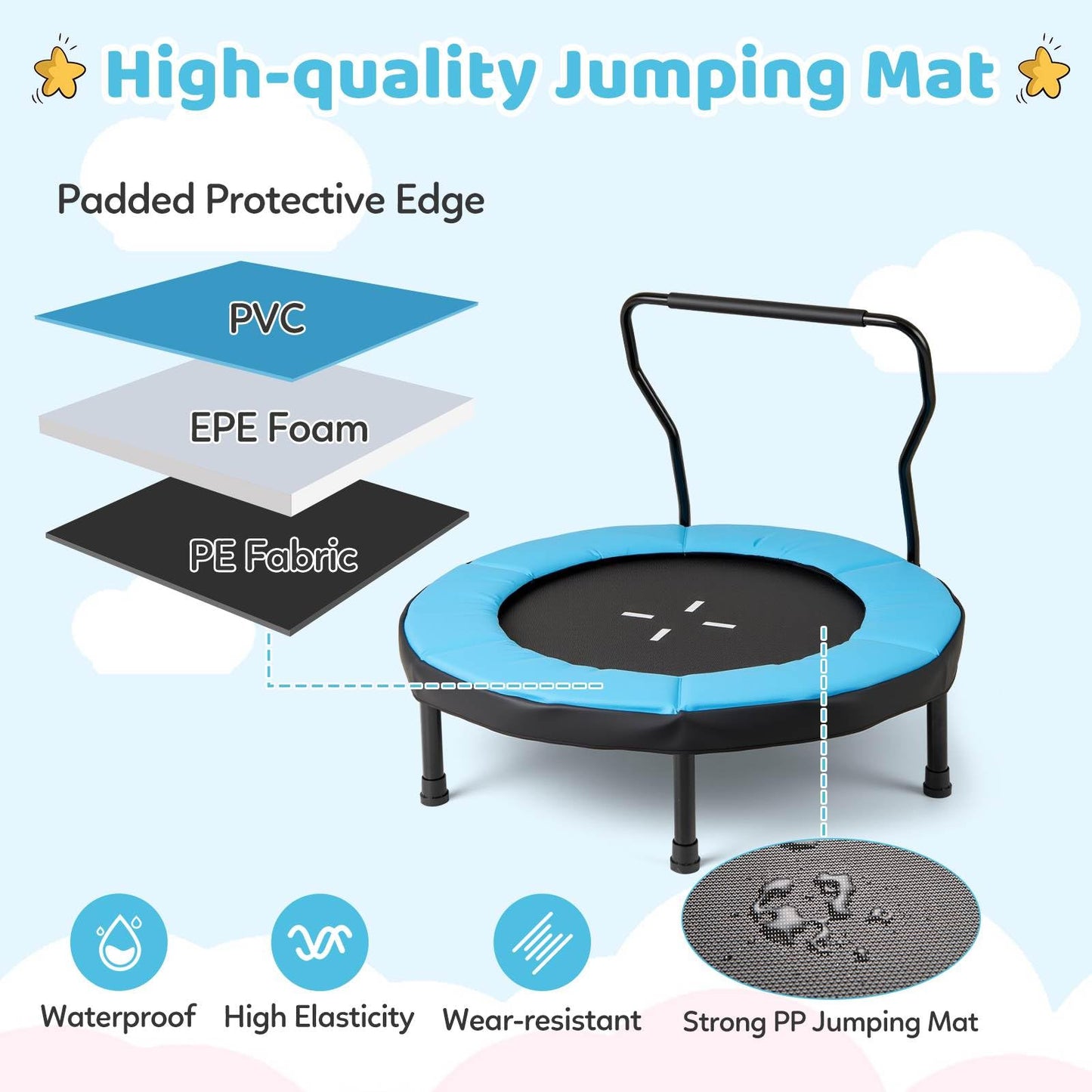 Trampoline with Foam Handlebar & Safety Pad for 3-6 Years Old Toddlers
