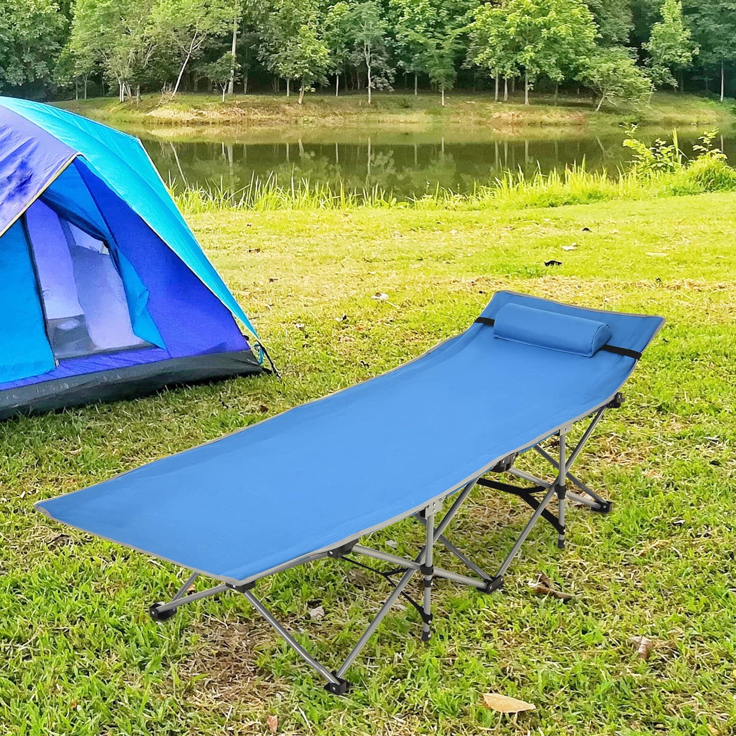 Folding Camping Cot Heavy-Duty Outdoor Cot Bed w/Side Storage Pocket
