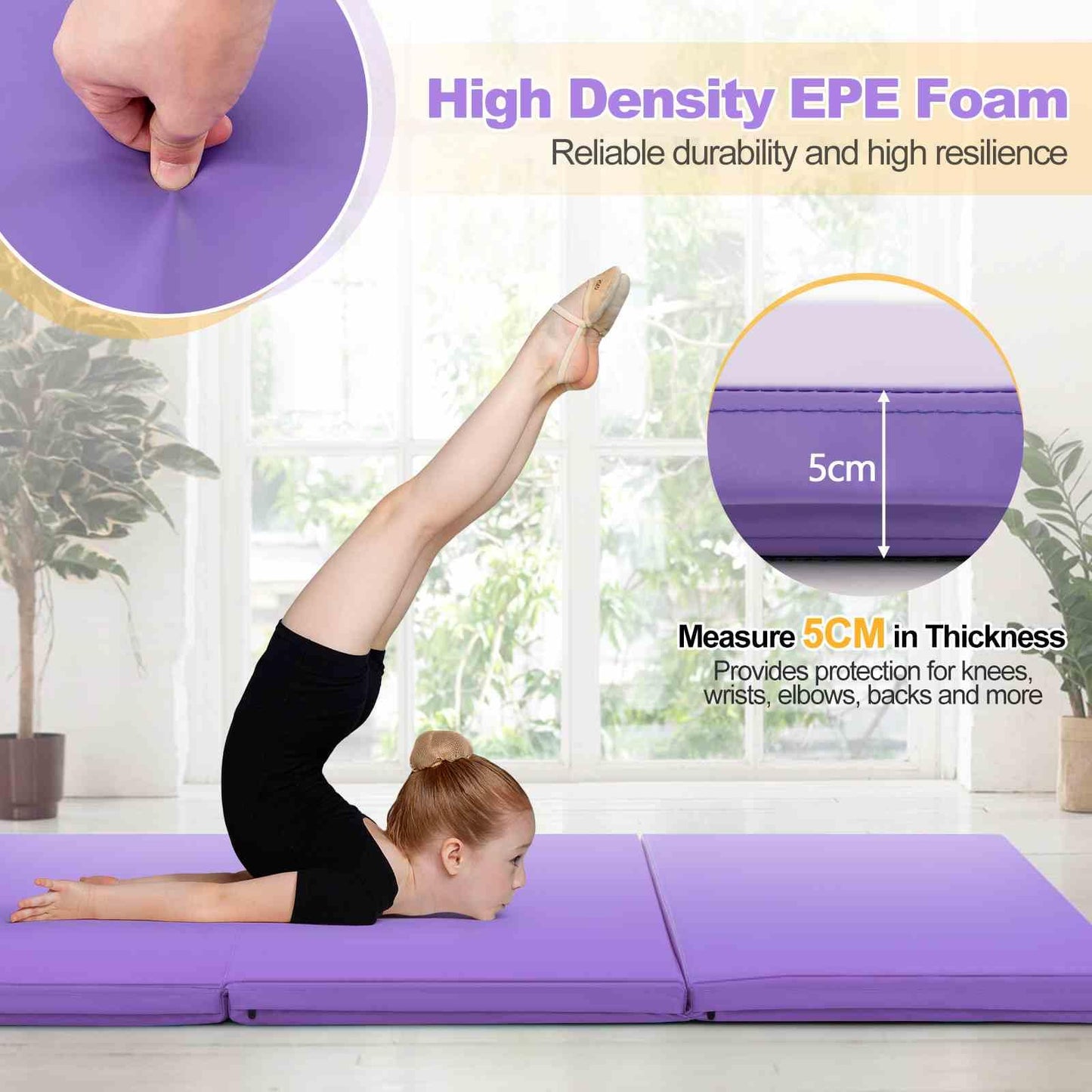 180 x 60 cm Portable 3-Fold Tumbling Mat with 2 Handles