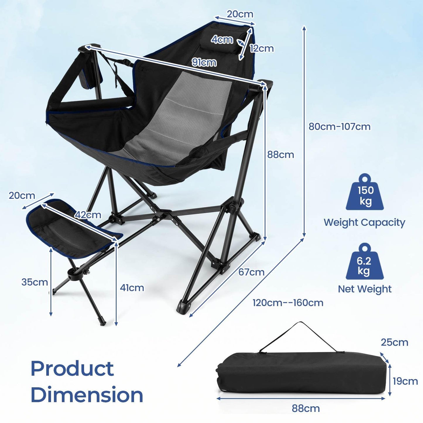 Portable Folding Outdoor Reclining Chair w/Adjustable Backrest & Footrest