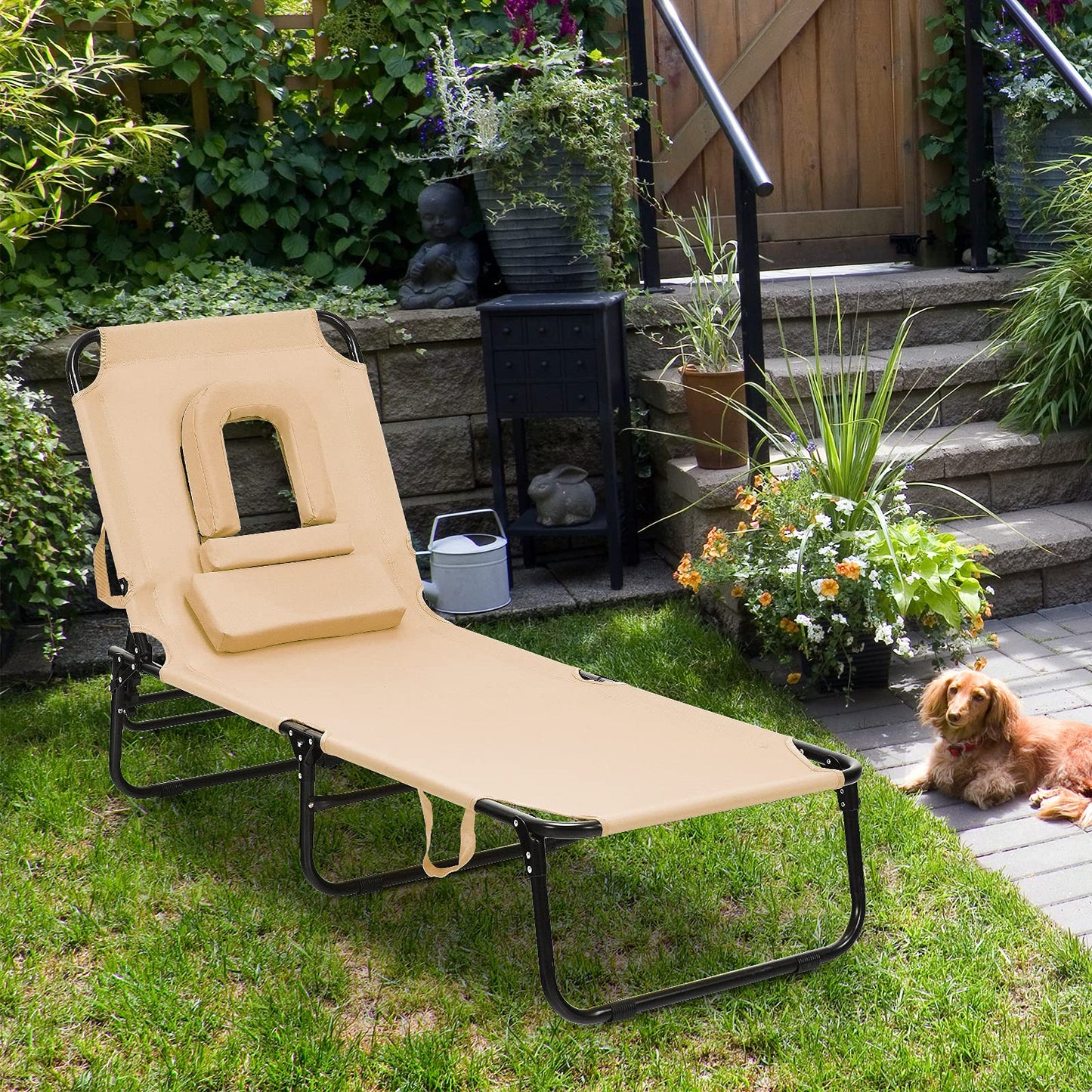 Reclining Beach Chair with Detachable Pillows for Outdoor