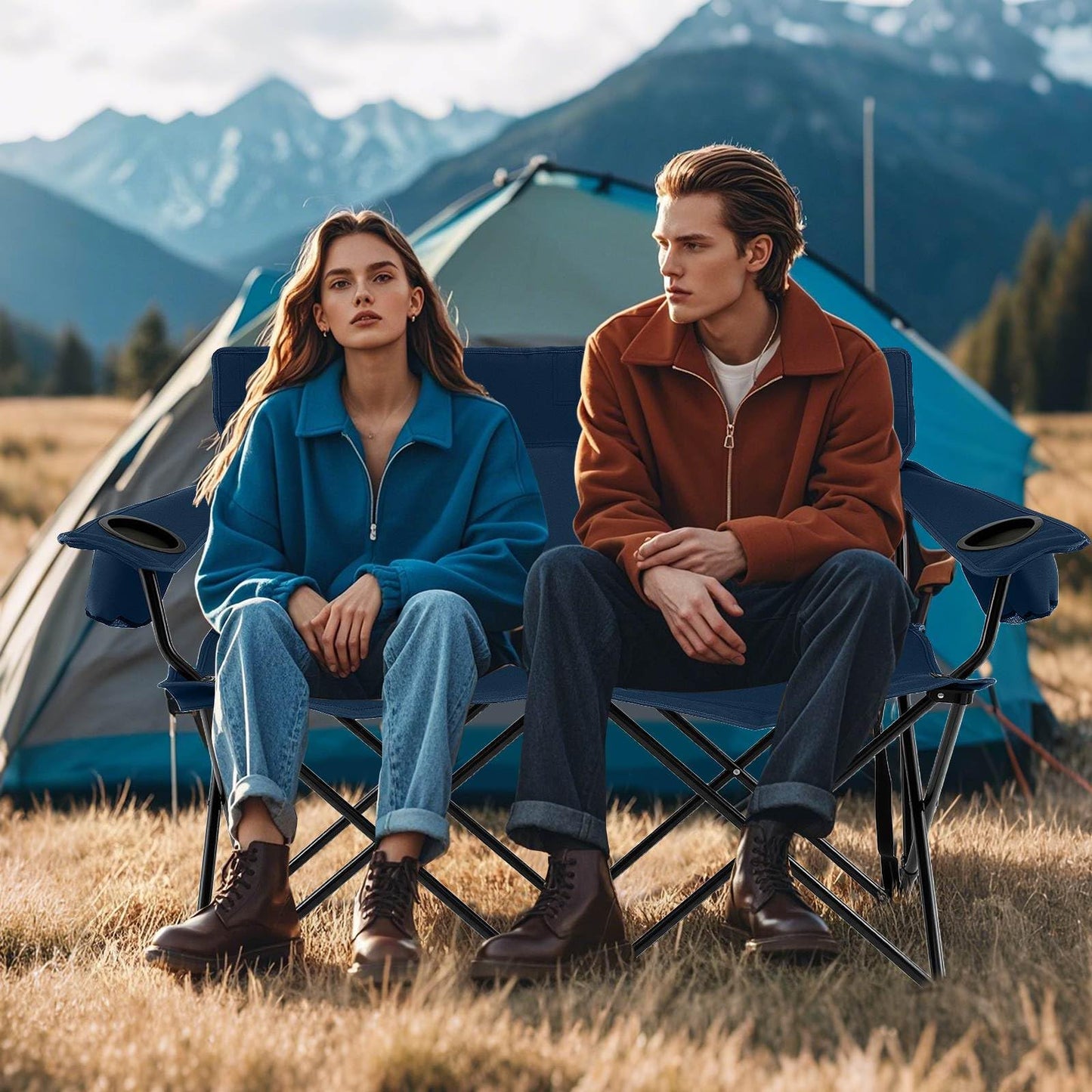 2-Person Outdoor Folding Love seat with Cup Holders & Armrests