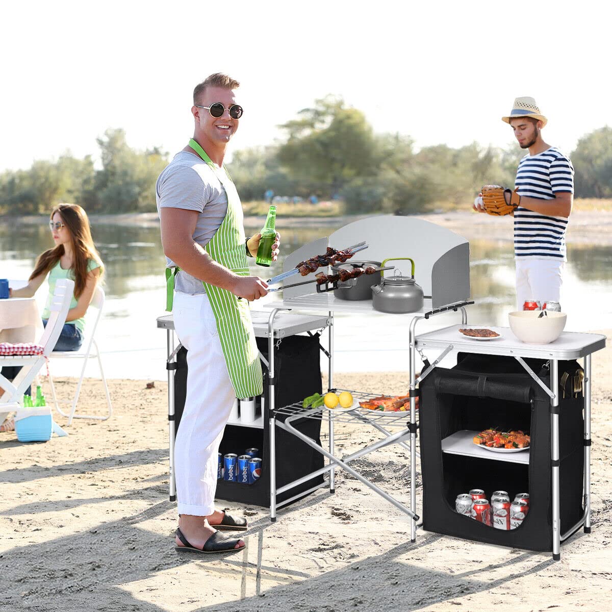 Portable Camping Kitchen Table Aluminum Fold-Up Camping Kitchen with Windscreen