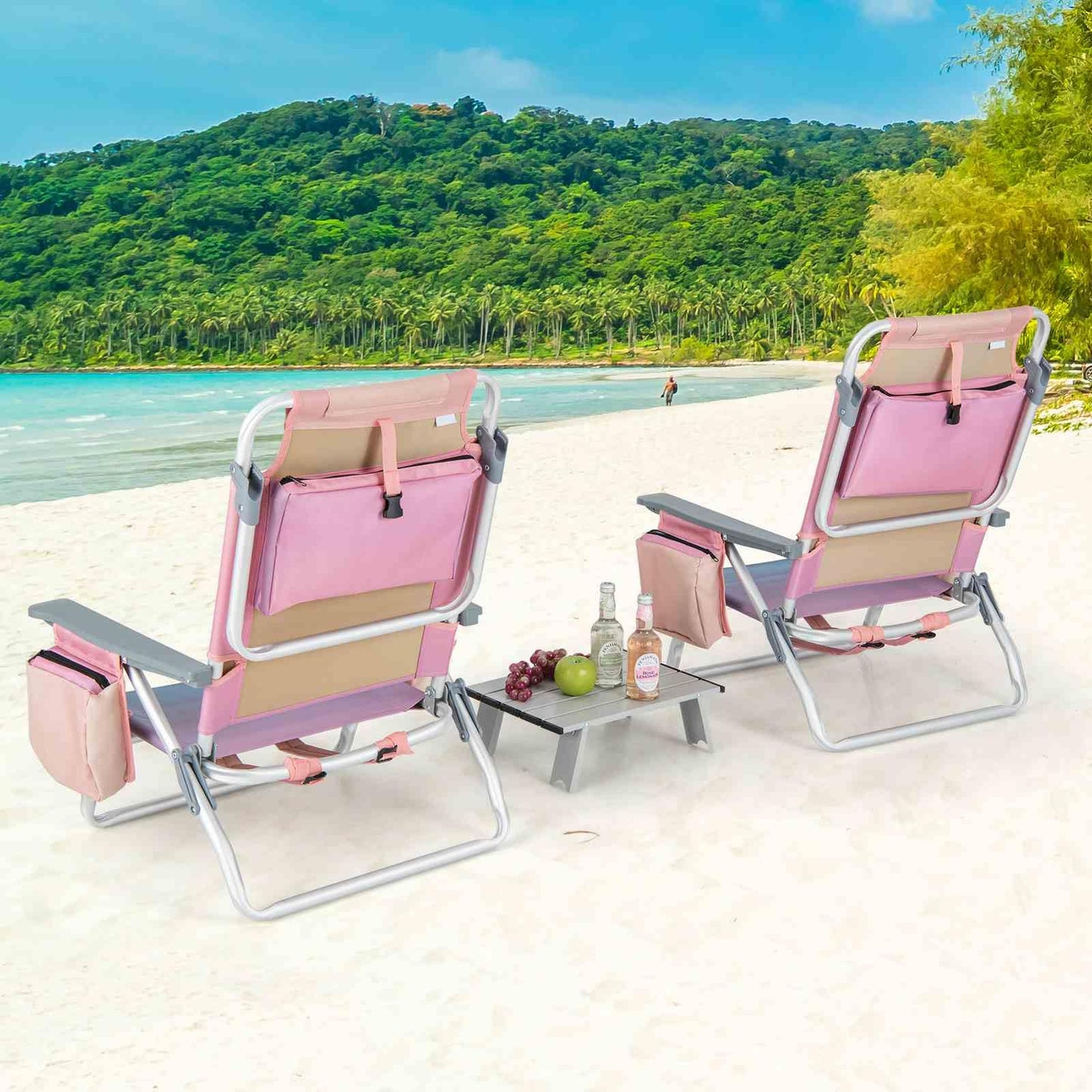 2-Pack Folding Backpack Beach Chair 5-Position Outdoor Reclining Chairs with Pillow