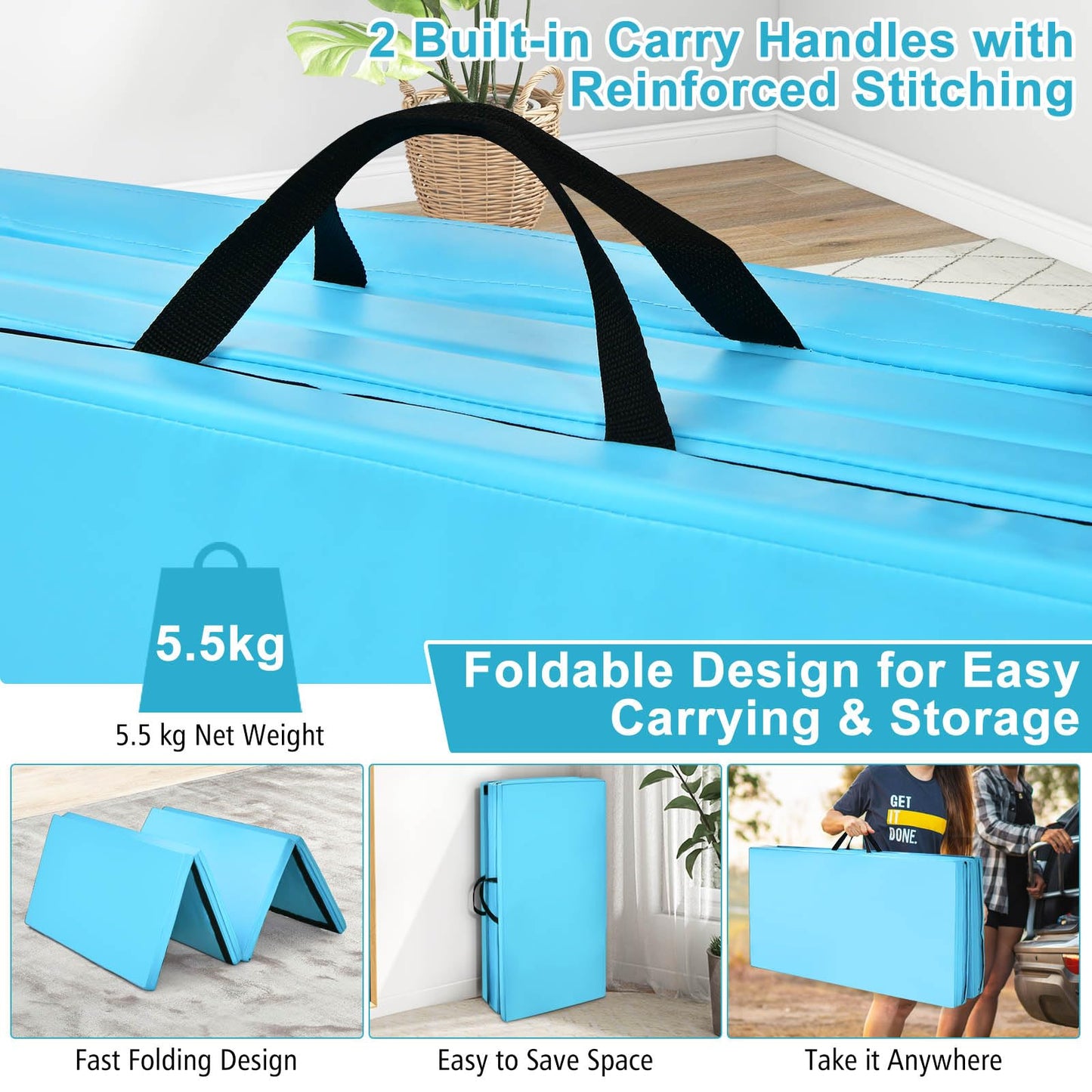 Folding Gymnastics Mat 240 cm x 116 cm x 5 cm Exercise Tumbling Mat w/ Carrying Handles for Home Gym Fitness