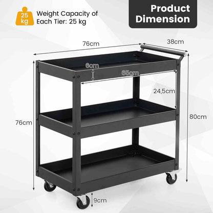3-Tier Utility Cart with Humanized Handle for Office, Kitchen