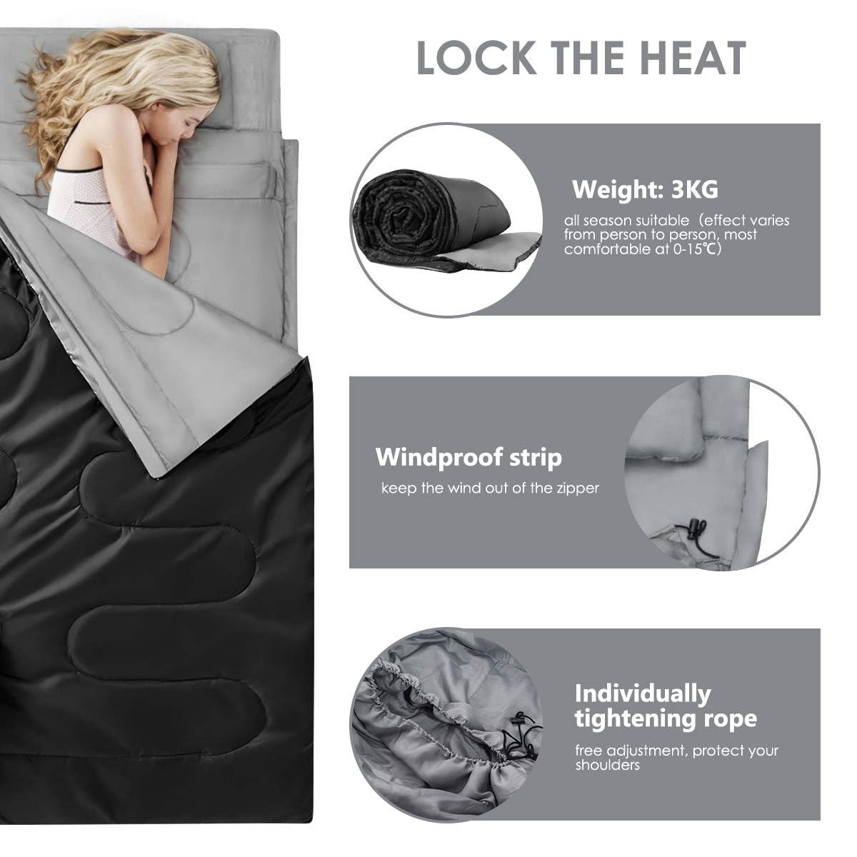 Double Sleeping Bag for 2 Persons with 2 Pillows for Cold & Hot Weather