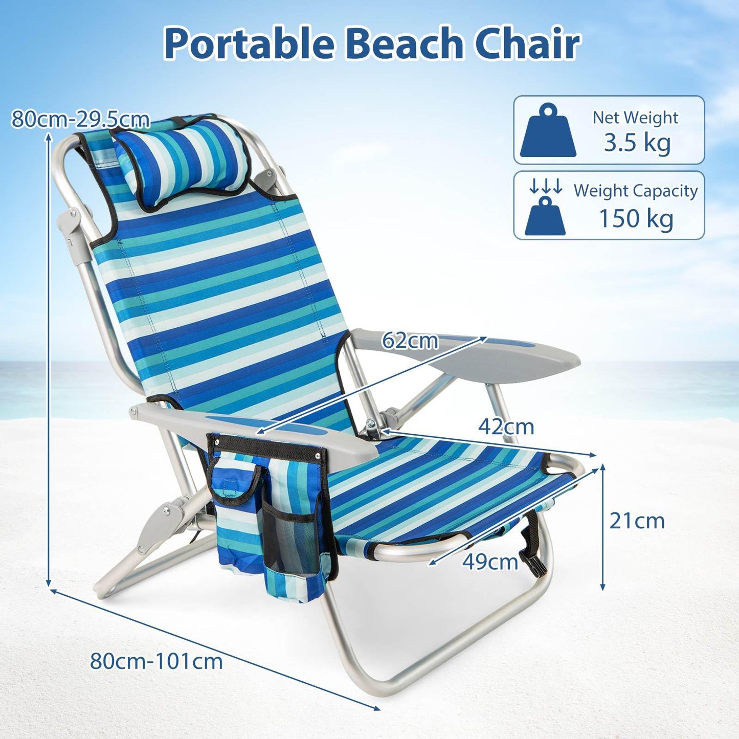 Folding Beach Chair for Adults with 4-Position Adjustable Backrest