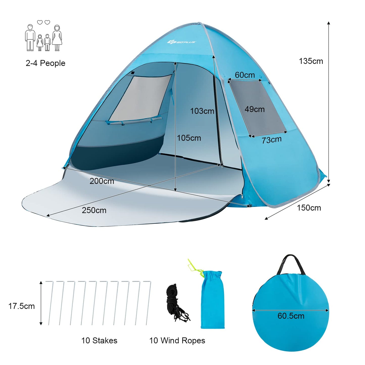 2-4 Persons Automatic Pop-up Beach Tent UPF50+ Sun Protection