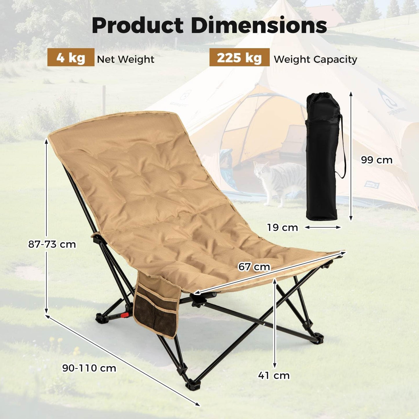 Folding Camping Chair for Adults with Adjustable Backrest and Padded Seat