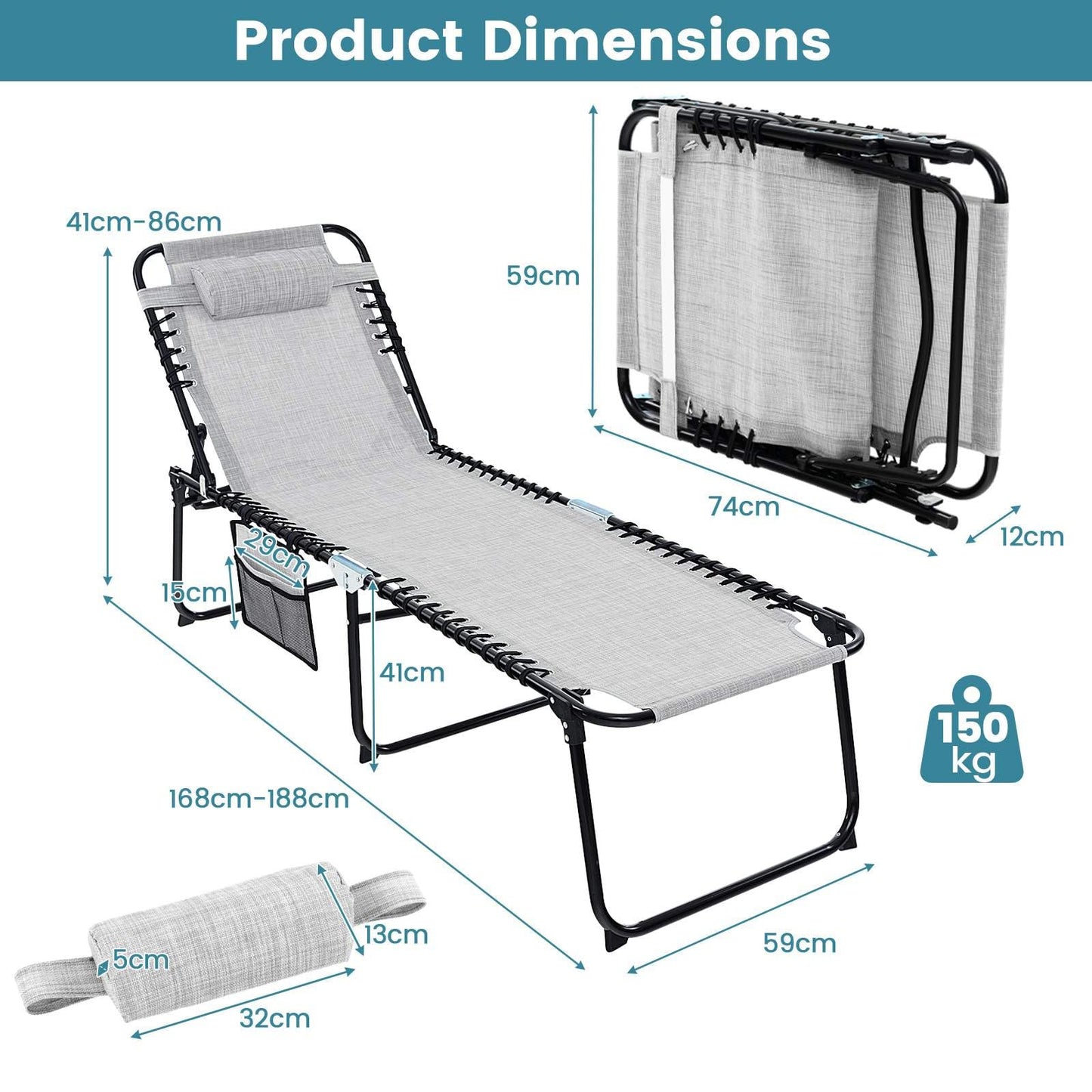Patio Folding Chaise Lounge Oversized Portable Lay Flat Reclining Chair